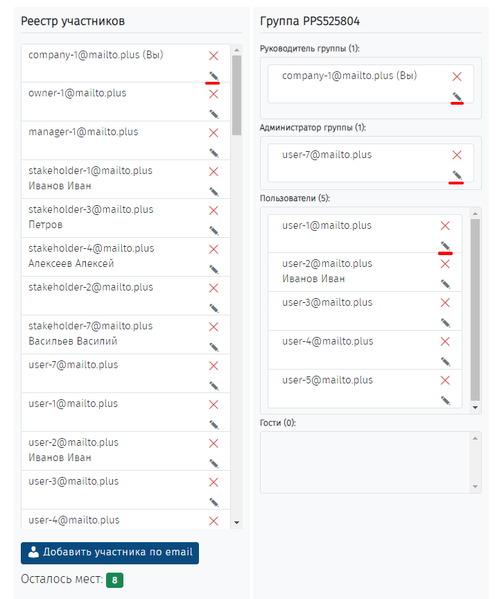 Редактирование участников